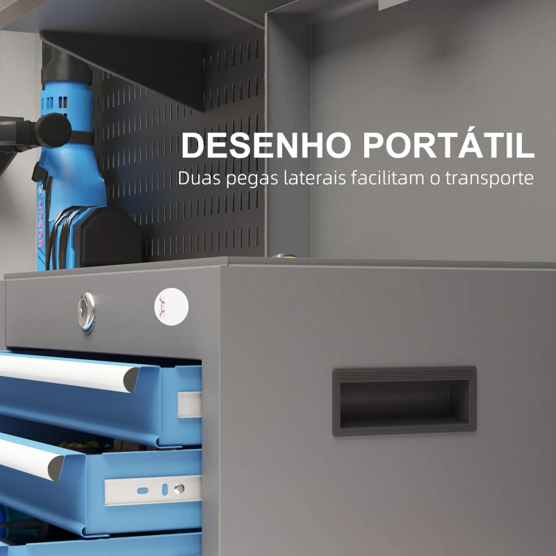 DURHAND Caixa de Ferramentas Metálica com 4 Gavetas Bandeja Superior Fecho e Pegas Laterais 45x24,5x32,5 cm Cinzento e Azul