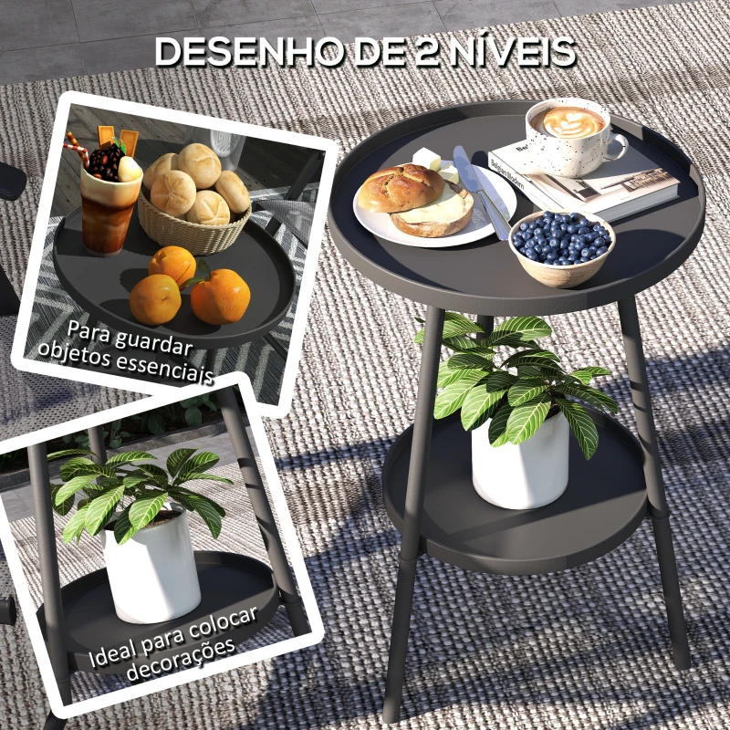 Outsunny Mesa de Jardim Redonda de 2 Níveis Mesa de Exterior Ø32x51 cm com Bandeja Inferior e Estrutura de Metal Preto
