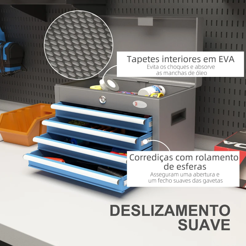 DURHAND Caixa de Ferramentas Metálica com 4 Gavetas Bandeja Superior Fecho e Pegas Laterais 45x24,5x32,5 cm Cinzento e Azul