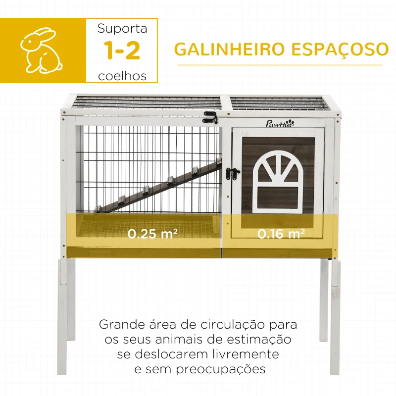 PawHut Coelheira de Madeira Elevada com Zona Aberta Teto Rebatível Portas com Fecho Bandeja Removível 90x53x87 cm Marrom e Branco