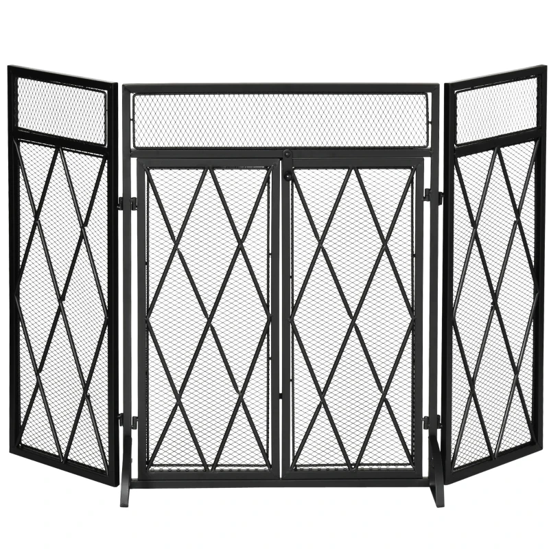 HOMCOM Grille de protection pour cheminée 120 x 79 cm - pare-feu pour cheminée ou poêle - pare-étincelles - barrière de sécurité - 3 volets pliables et porte - métal noir