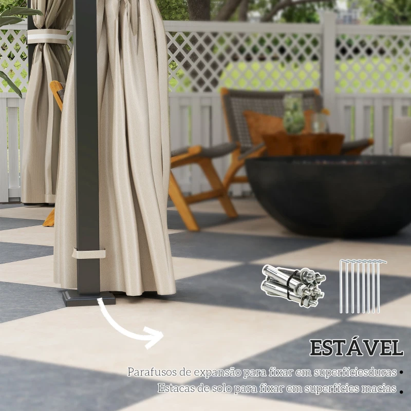 Outsunny Pérgola de Jardim 3,7x3 m com Telhado Duplo Cortinas Laterais e Mosquiteiras Resistente à Água e Anti-UV Bege