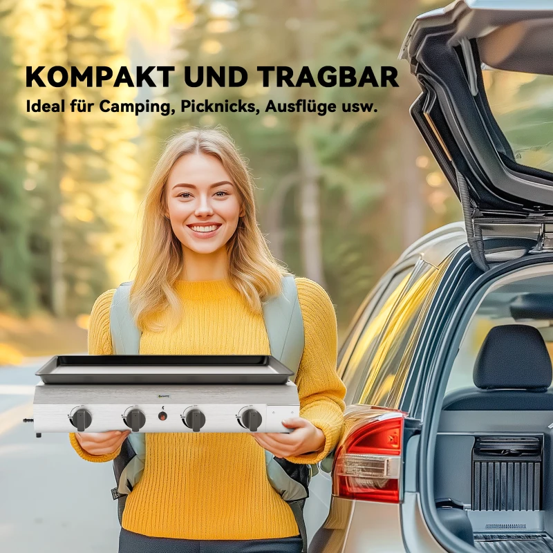 Outsunny Gasgrill 8000BTU/2,4 KW Grillwagen inkl 4 Edelstahl-Brenner Druckminderer 44 x 44,5 x 19 cm Silber+Schwarz