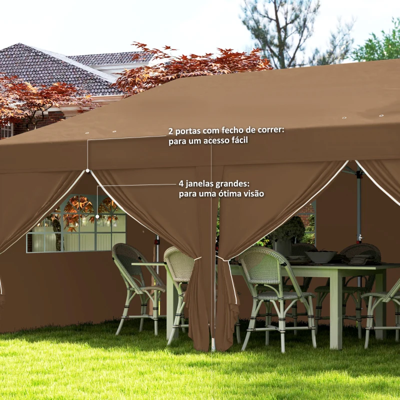 Outsunny Tenda Dobrável 5,90x2,95 m Tenda de Jardim com 6 Paredes Laterais Impermeável Anti-UV e Bolsa de Transporte Marrom