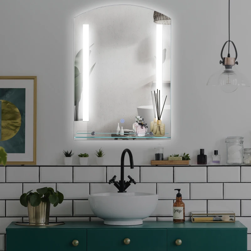 kleankin Specchio Bagno con Luce LED e Interruttore Touch, Mensola in Vetro e Struttura Alluminio, IP44, 50x70 cm Argento