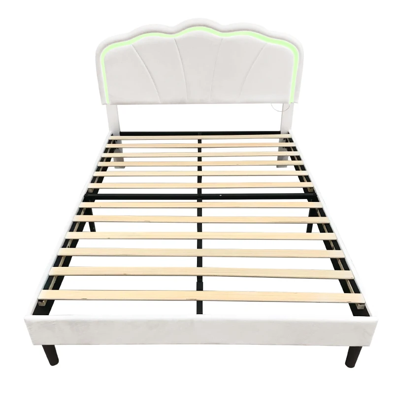 4ft6 Double Upholstered Bed with LED Adjustable Shell Headboard, Velvet Frame and Solid Wood Slat, 194L x 139W x 111H cm, Cream White