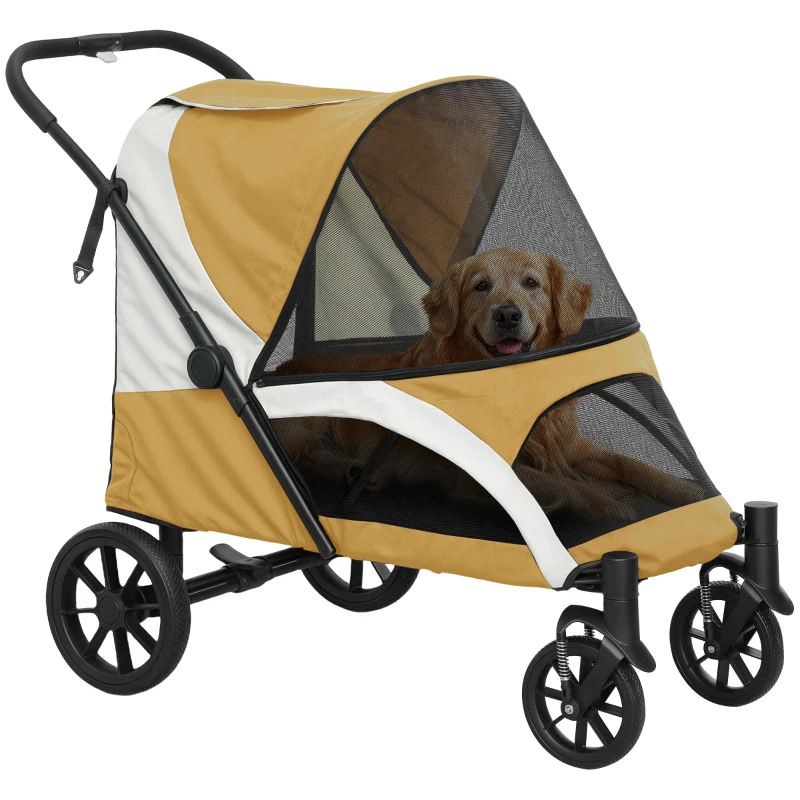 PawHut Hondenwagen, Opvouwbare hondenbuggy voor grote honden, huisdierenwagen met 4 wielen, veiligheidslijnen, remmen, bruin