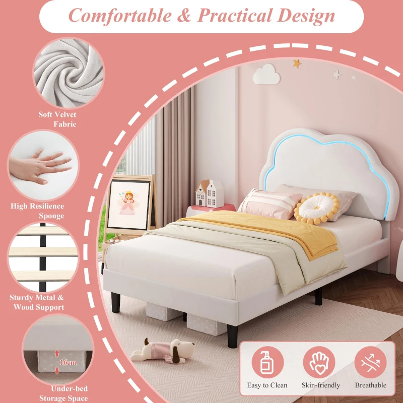 3ft Single Upholstered Bed with Adjustable Cloud Headboard, RGB LED, Velvet Frame with Solid Wood Slats, 194L x 106W x 118H cm, White