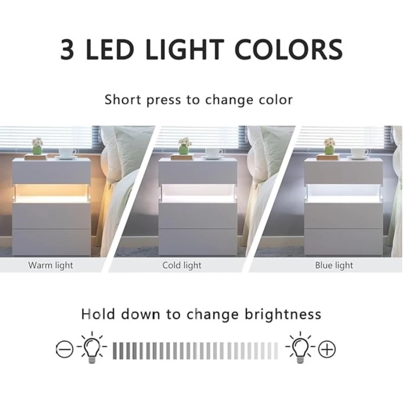 LED Bedside Table with Remote-Controlled RGB Lighting, 3 Drawers, Modern Nightstand with Acrylic Board, 50L x 37.5W x 60H cm, White