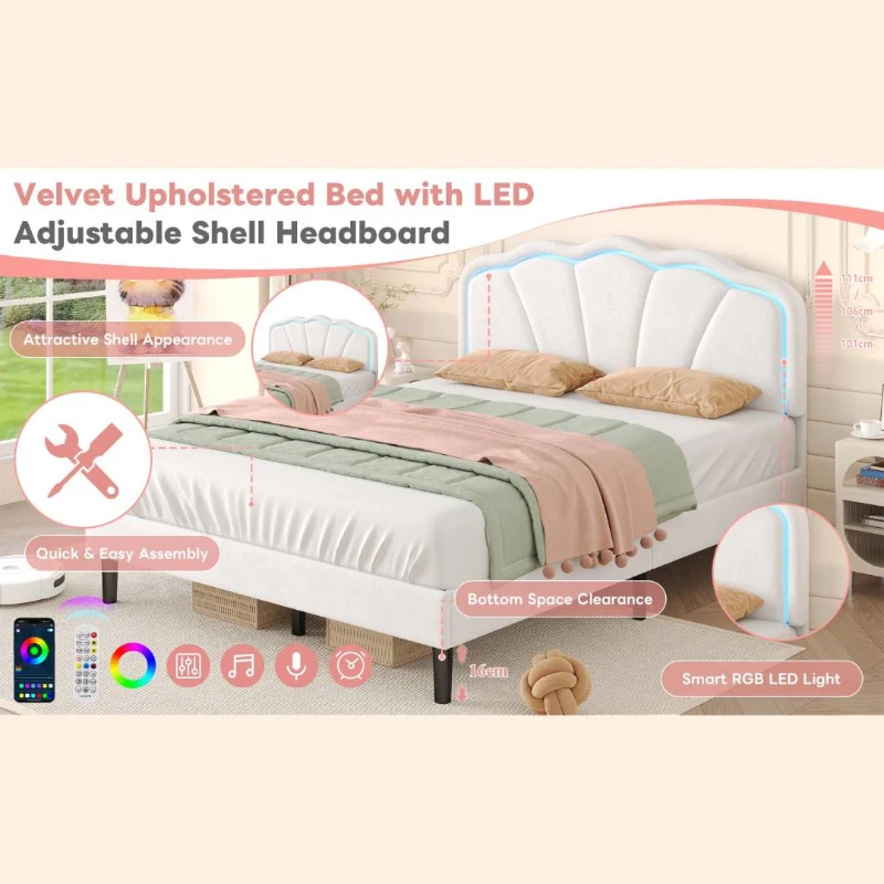 4ft6 Double Upholstered Bed with LED Adjustable Shell Headboard, Velvet Frame and Solid Wood Slat, 194L x 139W x 111H cm, Cream White