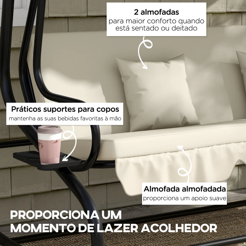 Outsunny Banco Baloiço de Jardim 3 Lugares Convertível em Cama com Toldo Ajustável e 2 Almofadas  200x120x164 cm Creme