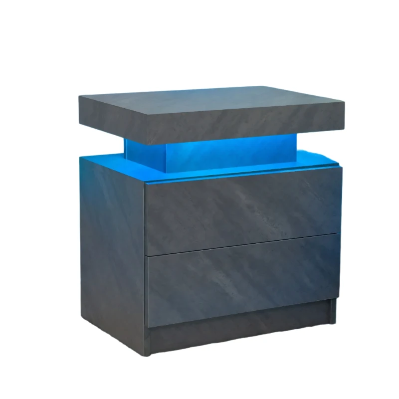 Versatile LED Bedside Table with Adjustable Lights, 2 Drawers, Modern Nightstand for Bedroom, Living Room, 49L x 35W x 52H cm, Gray