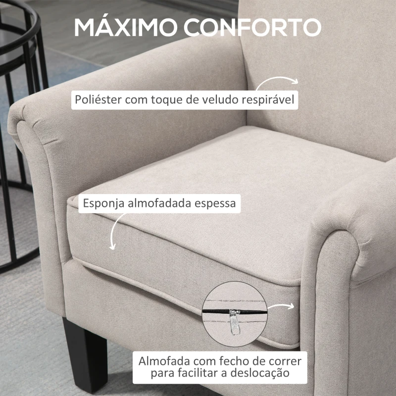 HOMCOM Poltrona Estofada em Tecido Poltrona Relax com Apoio para os Braços Assento Amovível e Lavável Pés de Madeira 79x78x87cm Cinza