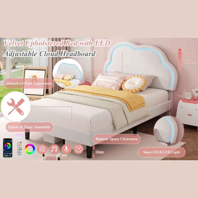 3ft Single Upholstered Bed with Adjustable Cloud Headboard, RGB LED, Velvet Frame with Solid Wood Slats, 194L x 106W x 118H cm, White