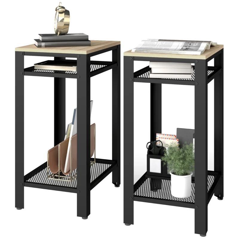 HOMCOM Tall Side Table Set of 2 with 3 Layer, 2 Shelves Storage Display Industrial-Style, Metal Frame, Bedside End Table for Living Room Bedroom, Oak and Black