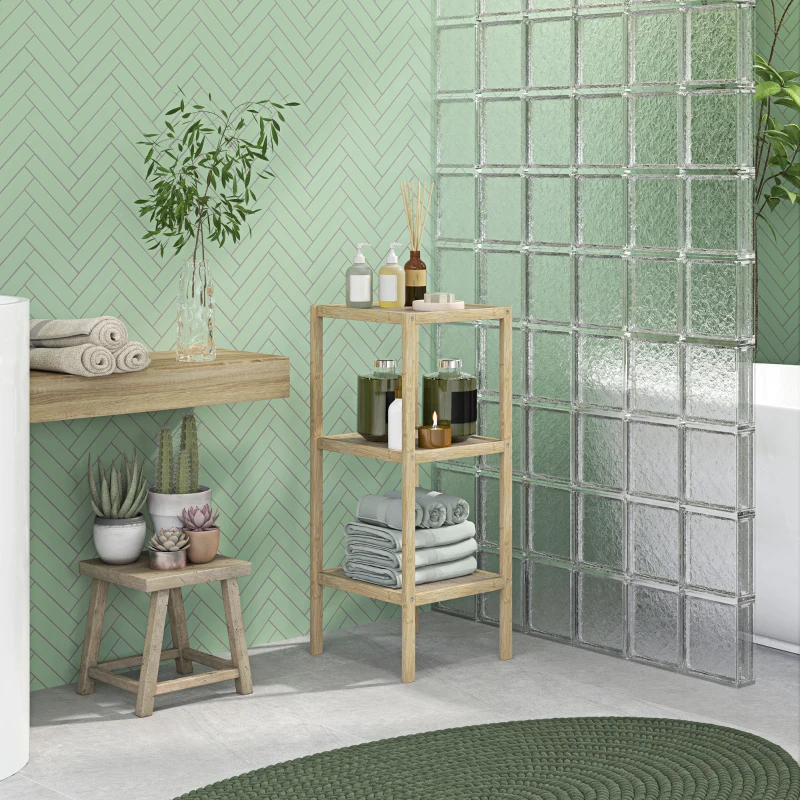 HOMCOM Three-Tier Bamboo Bathroom Shelf - Natural Finish