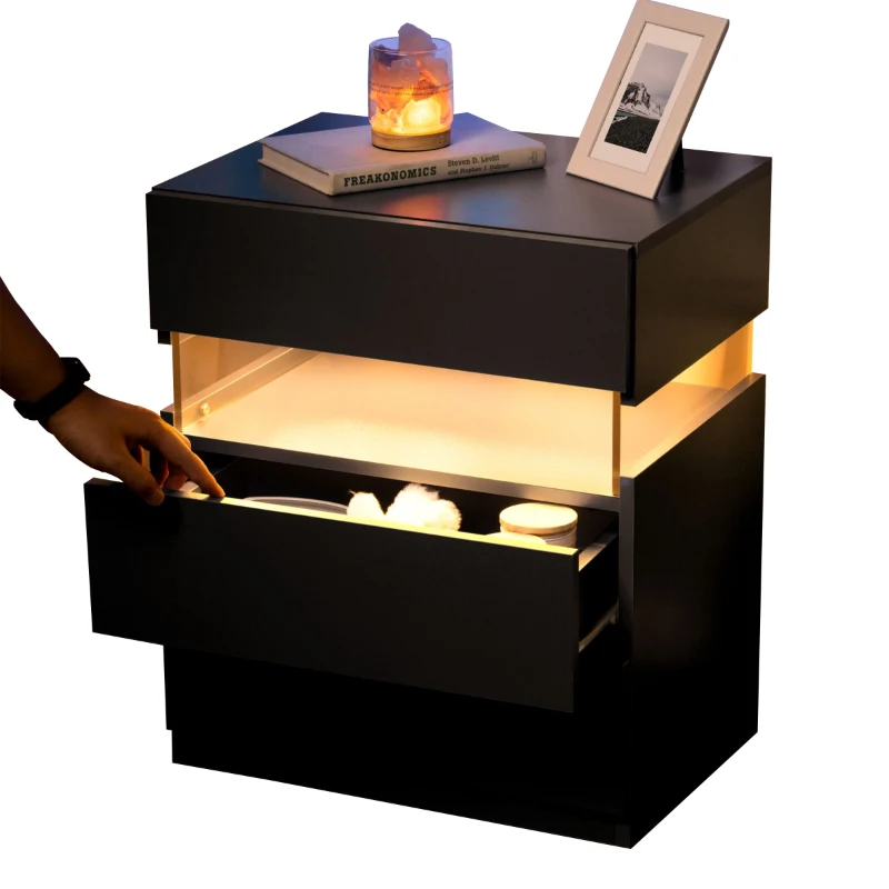 LED Nightstand with 3 Drawers, Acrylic Board and Multi-Colour RGB LED Light, 50L x 37.5W x 60H cm, Black