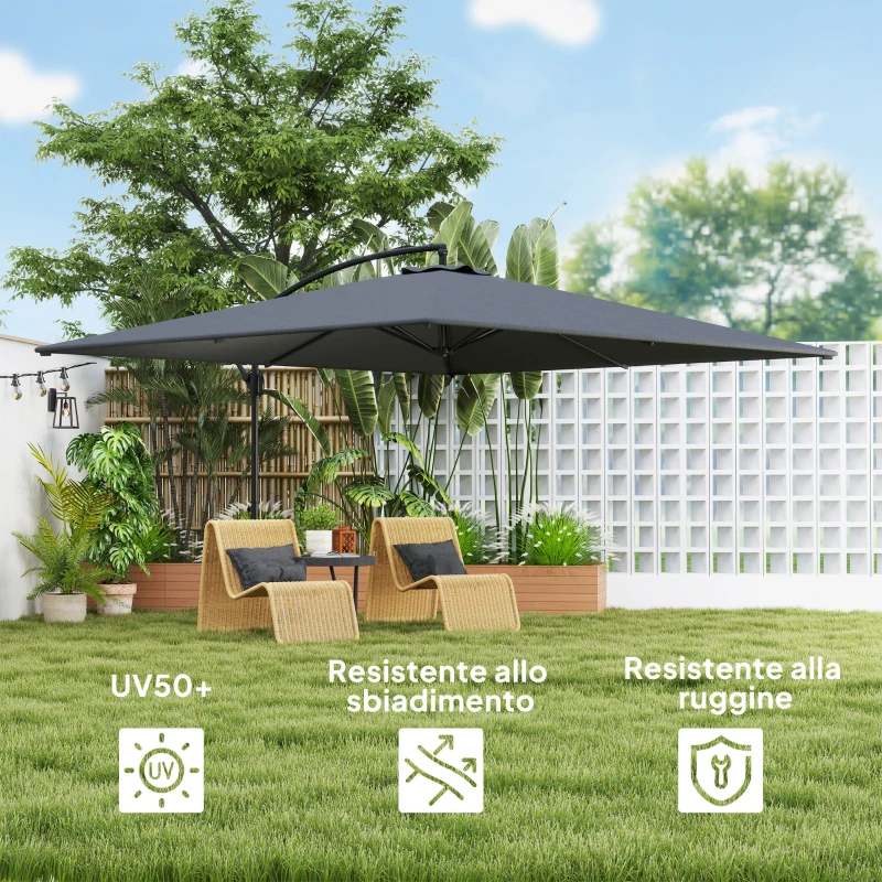Outsunny Ombrellone da Giardino a Braccio 2.8x3.8 m Girevole a 360° e Inclinabile, Apertura a Manovella, Grigio
