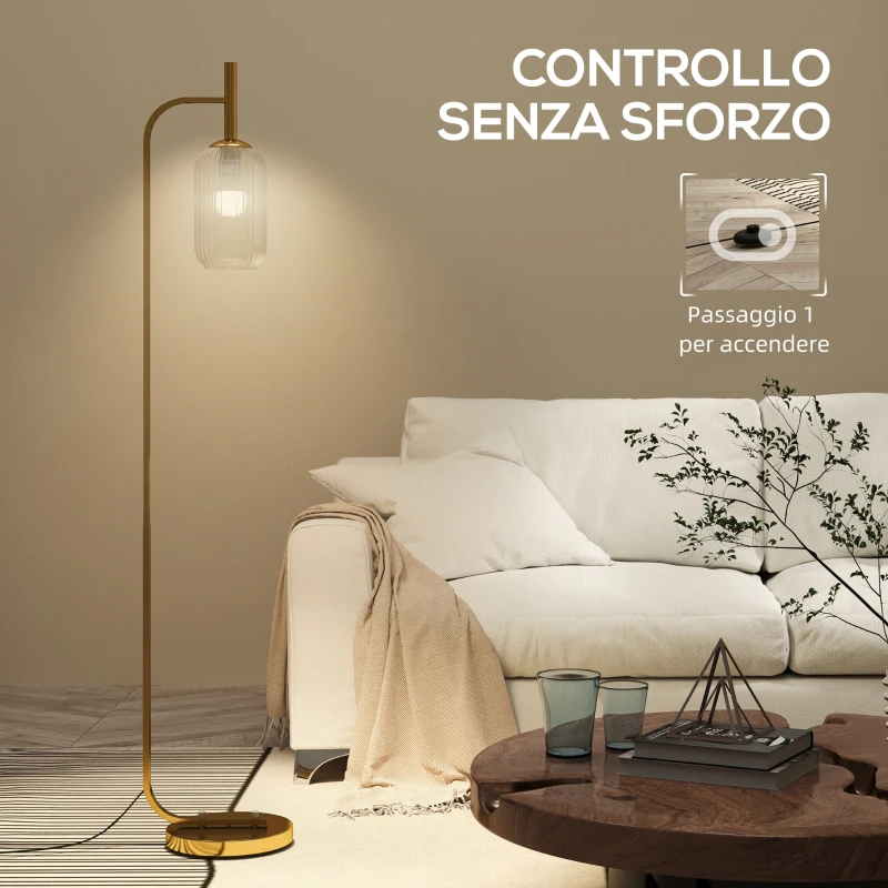 HOMCOM Lampada da Terra Moderna con Paralume in Vetro e Interruttore a Pedale per Lampadine E27, Oro