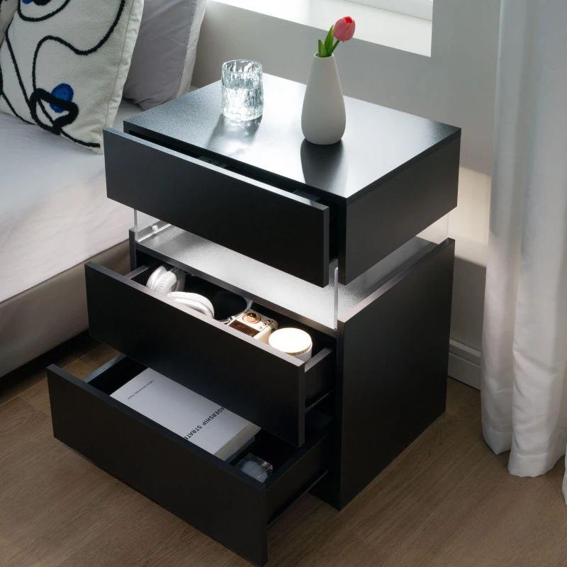 LED Nightstand with 3 Drawers, Acrylic Board and Multi-Colour RGB LED Light, 50L x 37.5W x 60H cm, Black