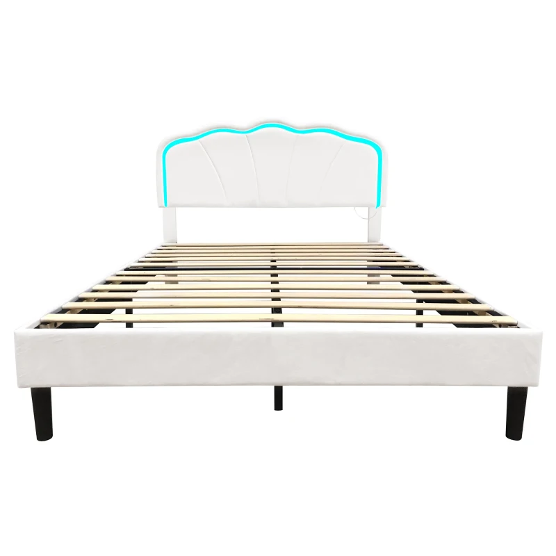 4ft6 Double Upholstered Bed with LED Adjustable Shell Headboard, Velvet Frame and Solid Wood Slat, 194L x 139W x 111H cm, Cream White