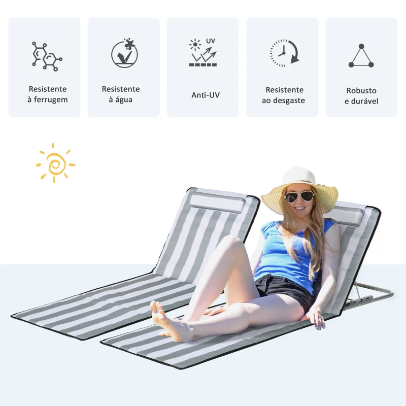 Outsunny Conjunto de 2 Esteiras de Praia com Encosto Reclinável em 5 Níveis Bolsa de Transporte e Apoio de Cabeça 48x134x33-43 cm Branco e Cinzento