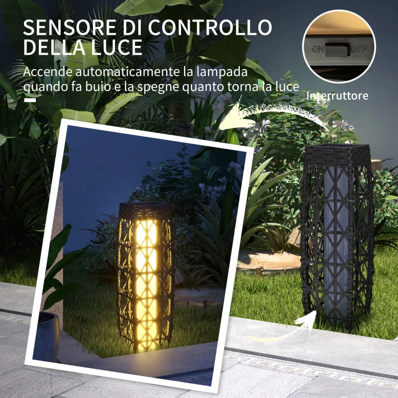 Outsunny Lampada Solare da Giardino con Illuminazione LED, in Acciaio e Rattan PE, 20x20x68 cm, Grigio