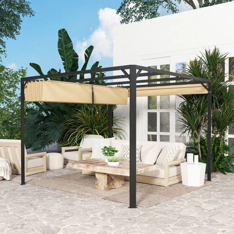 Outsunny Pérgola Retráctil de Aluminio 3x3 m con Techo Ajustable Cortina Enrollable y Protección UV para Jardín o Terraza Caqui