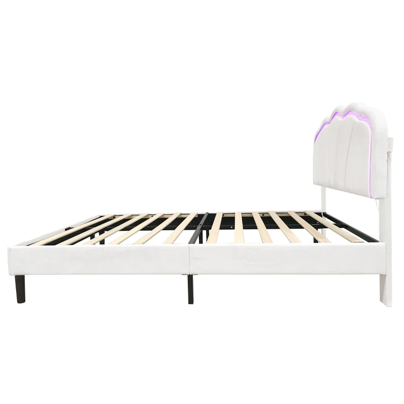 4ft6 Double Upholstered Bed with LED Adjustable Shell Headboard, Velvet Frame and Solid Wood Slat, 194L x 139W x 111H cm, Cream White