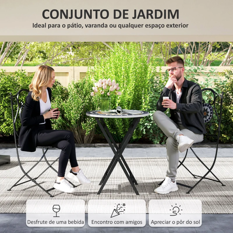 Outsunny Conjunto de Jardim de 3 Peças com Mesa Redonda Cadeiras Dobráveis e Desenho em Mosaico para Varanda Pátio Multicor
