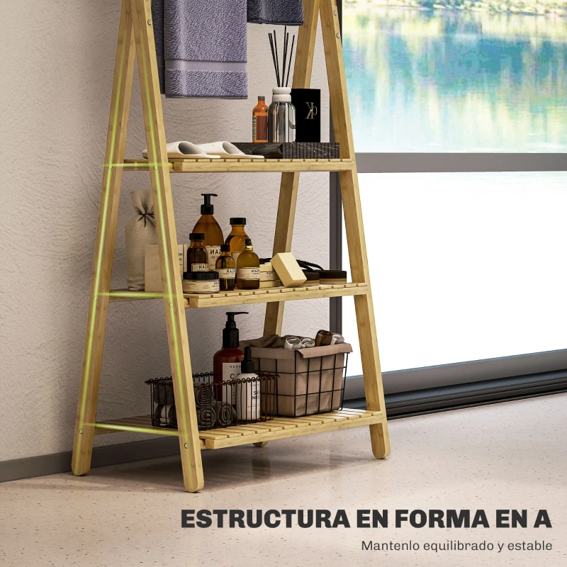 HOMCOM Estantería de Baño de Bambú Plegable con 3 Estantes con Barras Estantería de Madera en Forma de A 53,5x30x53 cm Natural