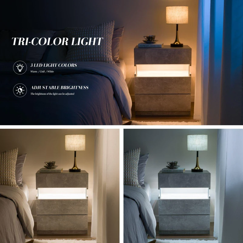 LED Nightstand with Acrylic Board and 3 Drawers, Modern Bedside Table with RGB LED Light, 50L x 37.5W x 60H cm, Gray