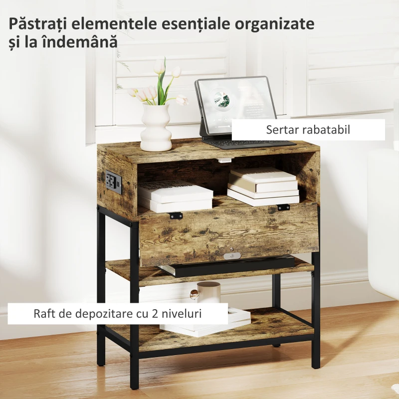 HOMCOM Măsuță de Canapea cu Sertar și 2 Rafturi în Stil Industrial, din Lemn și Metal, 60x30x66.5 cm, Negru și Maro