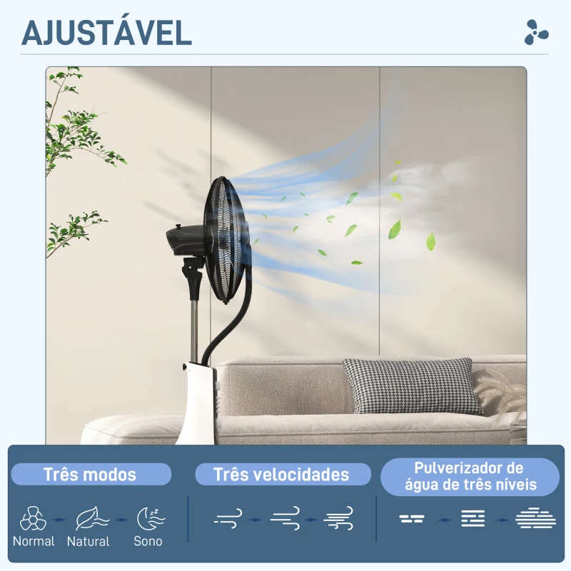HOMCOM Ventoinha de Pé com Nebulizador 90 W Temporizador Depósito 3L 3 Velocidades 5 Pás e Ecrã LED 44,5x38,5x120 cm Branco e Preto