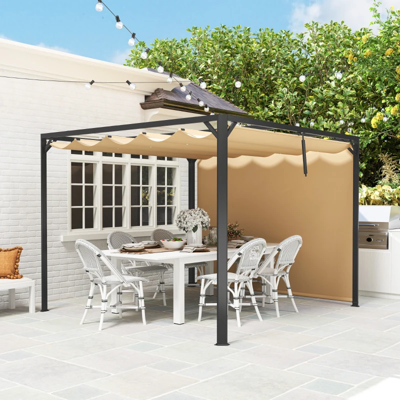 Outsunny Pérgola Retráctil de Aluminio 3x3 m con Techo Ajustable Cortina Enrollable y Protección UV para Jardín o Terraza Caqui