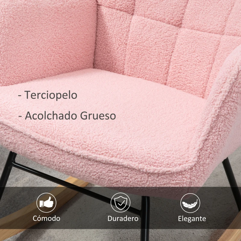 HOMCOM Silla Mecedora de Borreguito Sillón Balancín Oscilante 40° con Patas de Madera de Haya Carga 120 kg 71x98x101 cm Rosa