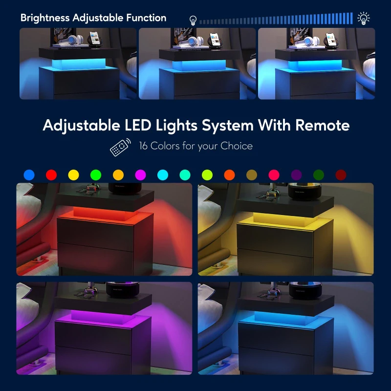 Space-Saving LED Nightstand with Adjustable Lights, 2 Drawers, Modern Bedside Table for Bedroom, Living Room, 49L x 35W x 52H cm, Black