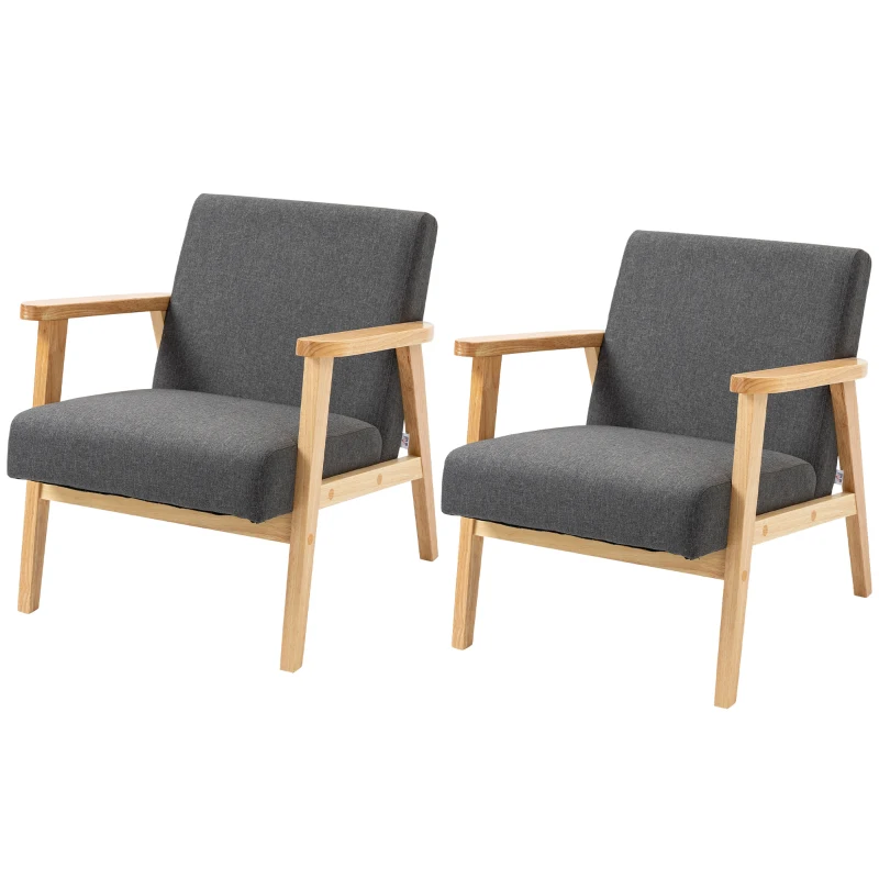 HOMCOM Set of 2 Accent Armchair, Living Room Chair, Wooden Upholstered Single Lounge Chair with Rubber Wood Legs and Padded Seat, Leisure Sofa Chair for Bedroom Office, Dark Grey