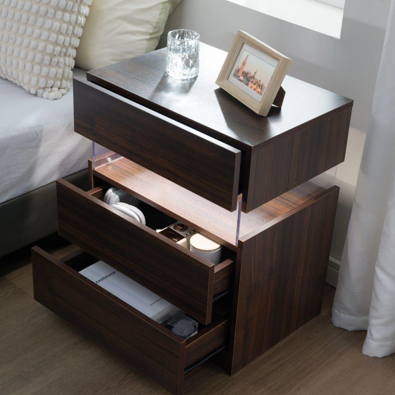 LED Nightstand with Acrylic Board and 3 Drawers, Modern Bedside Table with RGB LED Light, 50L x 37.5W x 60H cm, Walnut