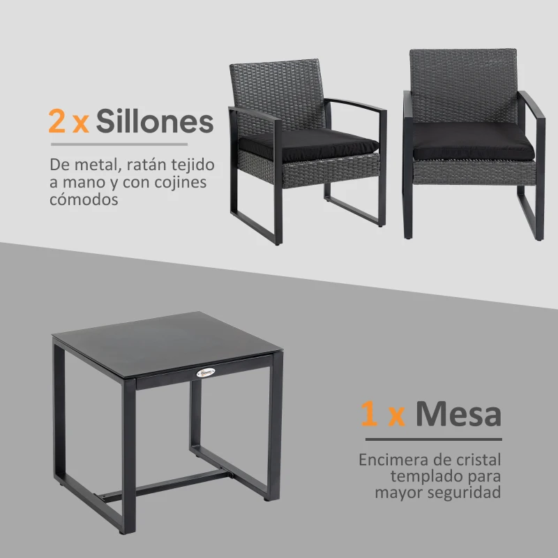 Outsunny Juego de 2 Sillas y Mesa de Ratán con Cojines Acolchados y Encimera de Vidrio para Balcón Terraza Gris y Negro