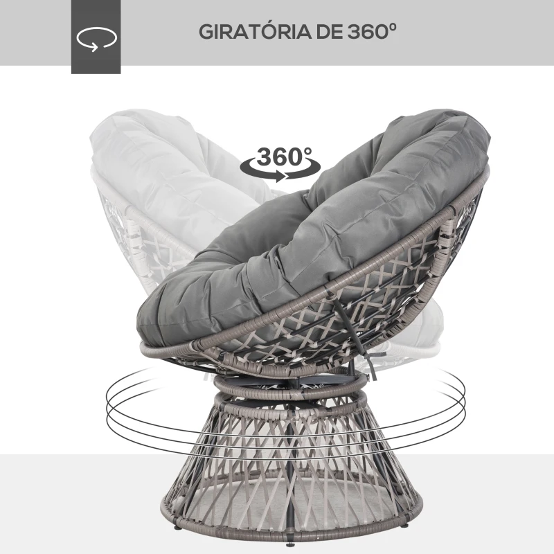 Outsunny Poltrona Papasan Giratória de Vime Sintético com Almofada e Estrutura de Aço para Jardim Pátio 87x97x90 cm Cinza