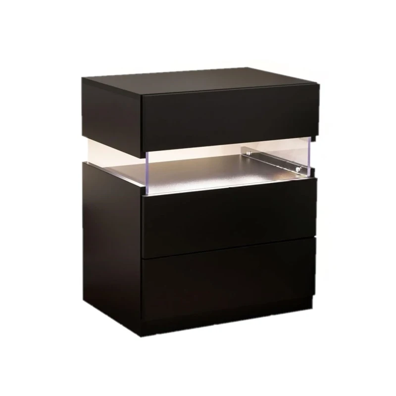 LED Nightstand with 3 Drawers, Acrylic Board and Multi-Colour RGB LED Light, 50L x 37.5W x 60H cm, Black