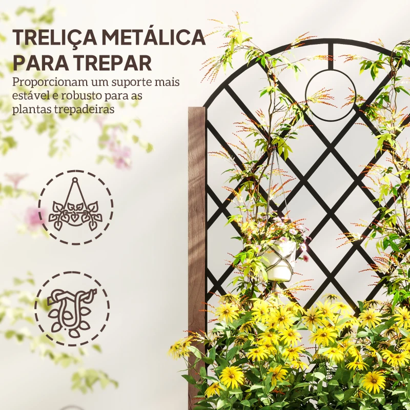 Outsunny Conjunto de 2 Jardineiras de Exterior Jardineiras com Treliça Metálica para Plantas Trepadeiras Vasos com Rodas para Jardim Pátio 52x25x97 cm Madeira