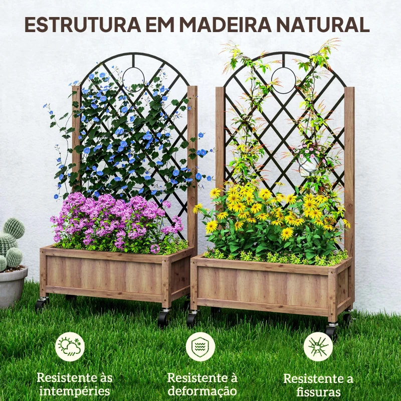 Outsunny Conjunto de 2 Jardineiras de Exterior Jardineiras com Treliça Metálica para Plantas Trepadeiras Vasos com Rodas para Jardim Pátio 52x25x97 cm Madeira