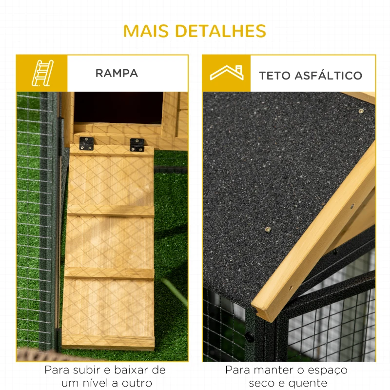 PawHut Gaiola para Coelhos de Madeira de 2 Níveis com Zona Aberta Teto Asfáltico Portas e Rampa 120x55,5x80 cm Madeira e Preto