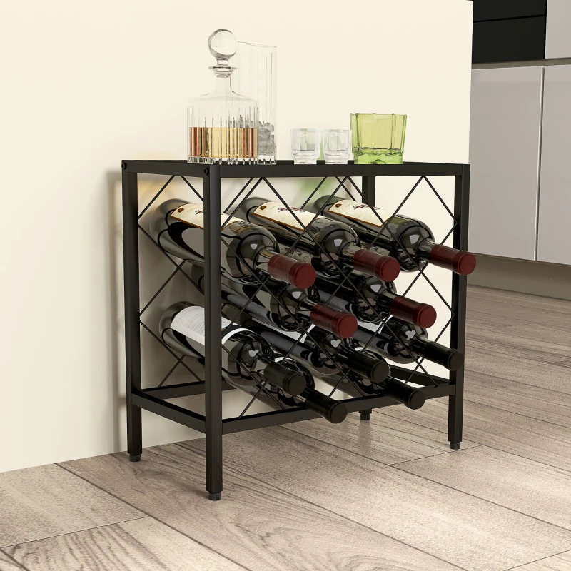 HOMCOM Suporte para Garrafas de Vinho para 10 Garrafas Suporte com Bancada de Vidro Temperado e Estrutura de Aço 41x22x41 cm Preto