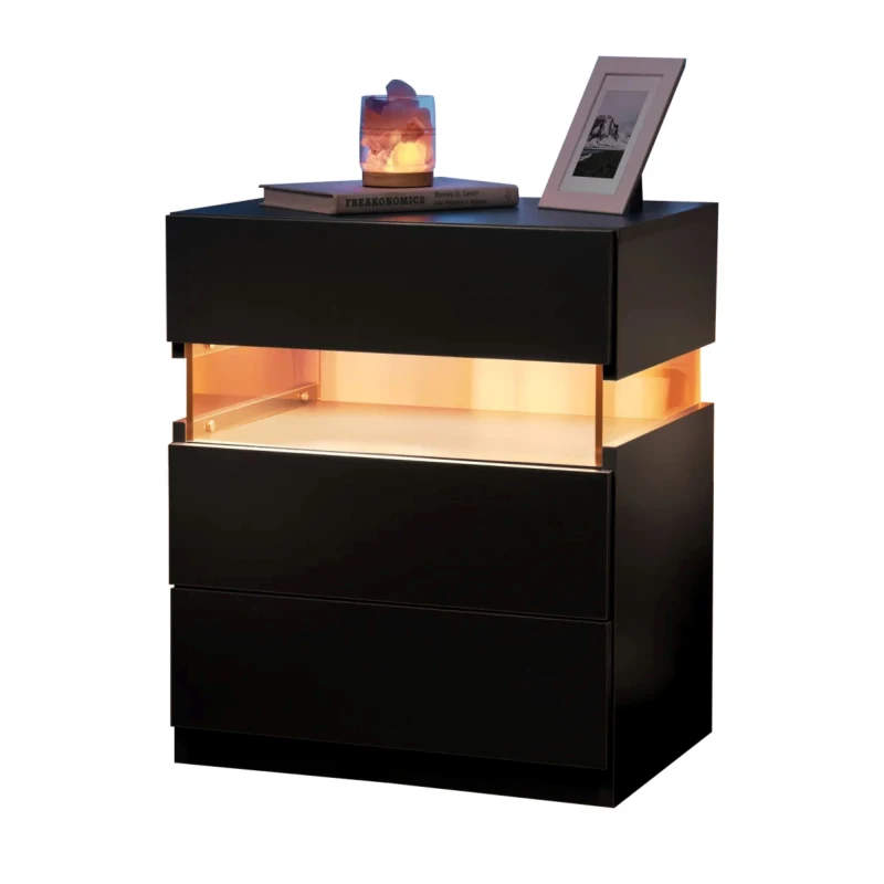 LED Nightstand with 3 Drawers, Acrylic Board and Multi-Colour RGB LED Light, 50L x 37.5W x 60H cm, Black