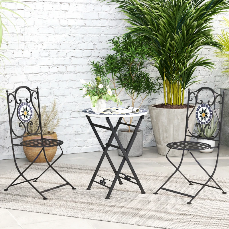 Outsunny Conjunto de Jardim de 3 Peças com Mesa Redonda Cadeiras Dobráveis e Desenho em Mosaico para Varanda Pátio Multicor