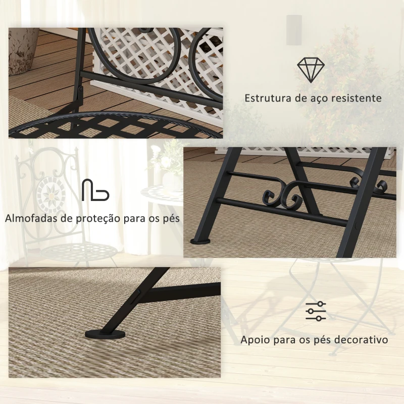 Outsunny Conjunto de Jardim de 3 Peças com Mesa Redonda Cadeiras Dobráveis e Desenho em Mosaico para Varanda Pátio Multicor