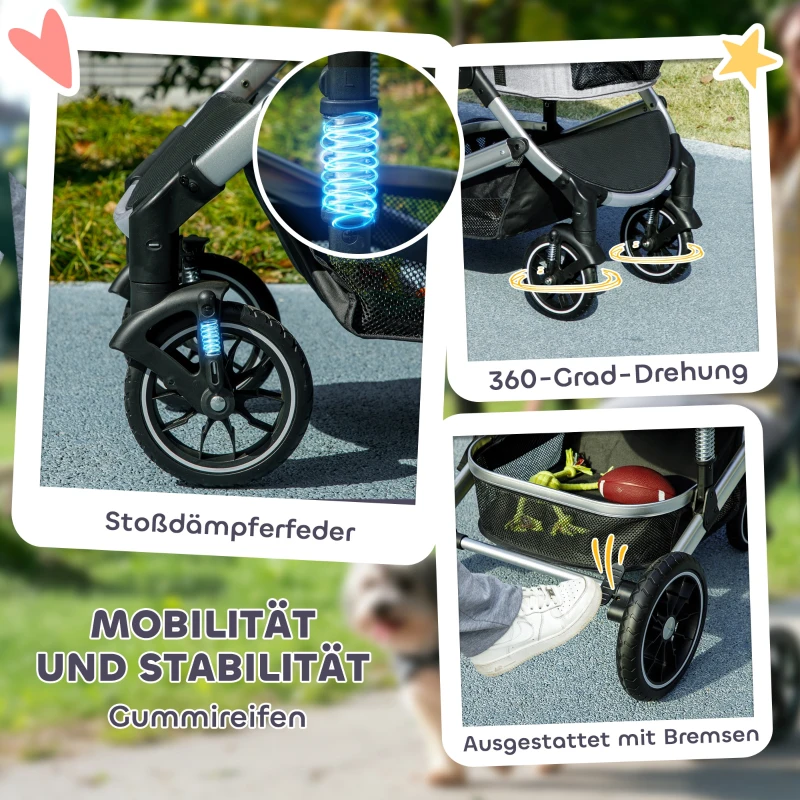 PawHut 3-in-1 Opvouwbare Hondenbuggy voor Honden & Katten tot 10 kg met Kussen en Bekerhouder - Lichtgrijs(m-7)